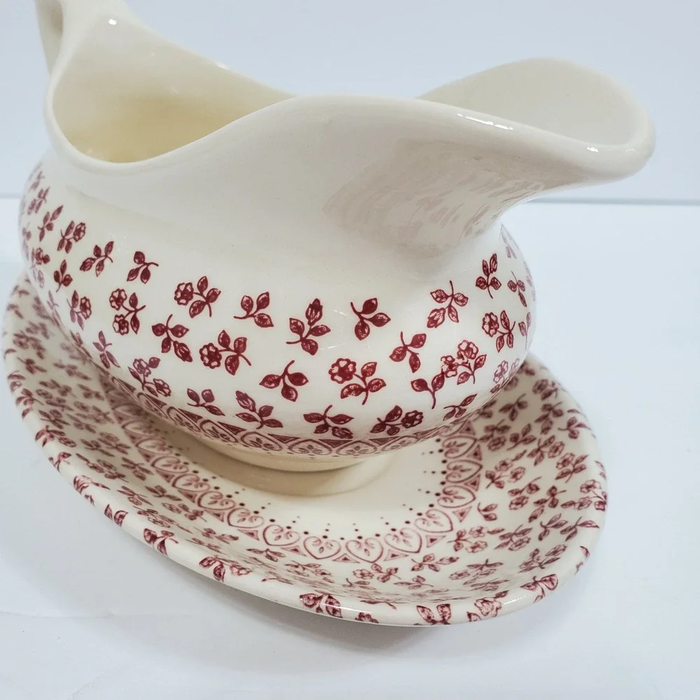 English Ironstone Tableware Provence Red Floral Gravy Boat & Underplate Set of 2